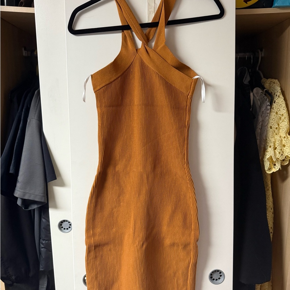 Babaton Backless Ribbed Dress in Tan